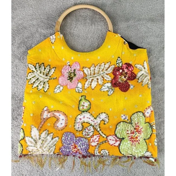 Bali Collection Purse Womens Yellow Hippie Boho Floral Sequined Wooden Handle - Picture 3 of 8